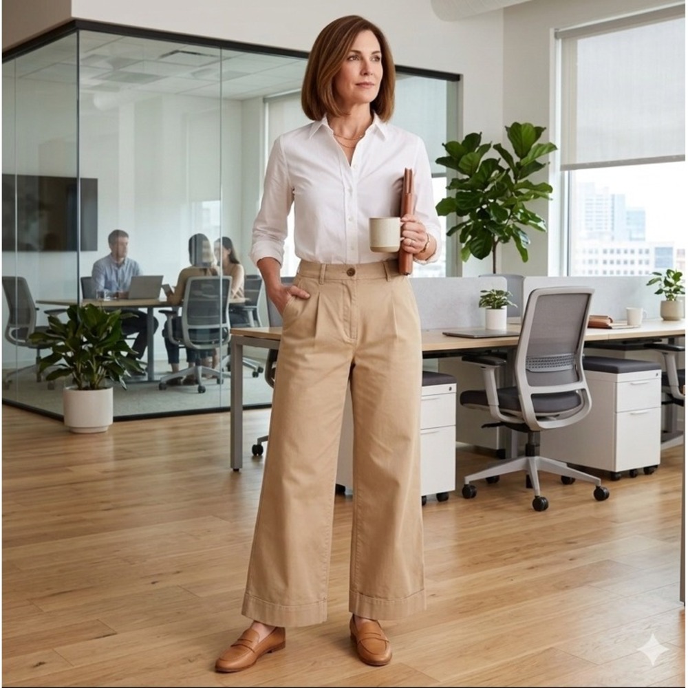 NWT Outerknown Women 27 Organic Cotton Wide Leg Pleated Trouser Tan Khaki Office